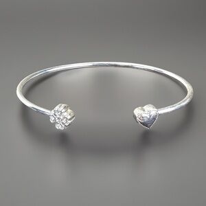 Silvertone Open Heart and Floral Minimalist Cuff Bracelet